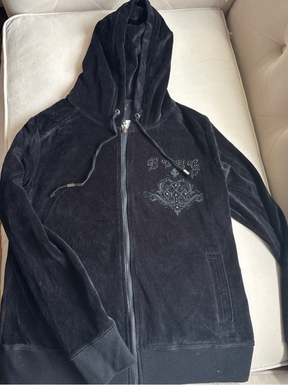 BCBGMaxAzria Black Velour Zip Hoodie with Logo Tag